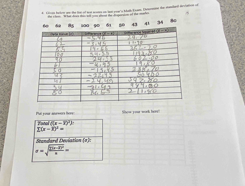 Given below are the list of test scores on last year’s Math Exam. Determine the standard deviation of
the class. What does this tell you about the dispersion of the marks. /5
61 50 43 41 34 80
Put your answers here: Show your work here!
Total ((x-overline x)^2).
sumlimits (x-overline x)^2=
Standard Deviation (σ):
sigma =sqrt(frac sumlimits (x-overline x))^2n=