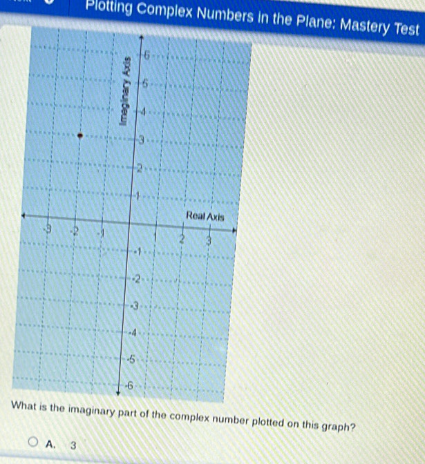 Plotting Complex Numbers in the Plane: Mastery Test
Wtted on this graph?
A. 3