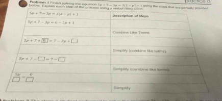 Solved: Probler 1 Finish solving the equation 5p+7-3p=3(2-p)+1 using ...
