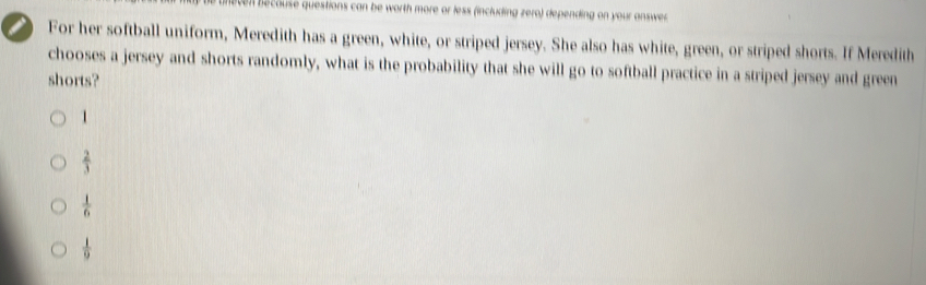 en becouse questions can be worth more or less (including zero) depending on your answer
I For her softball uniform, Meredith has a green, white, or striped jersey. She also has white, green, or striped shorts. If Meredith
chooses a jersey and shorts randomly, what is the probability that she will go to softball practice in a striped jersey and green
shorts?
1
 2/3 
 1/6 
 1/9 