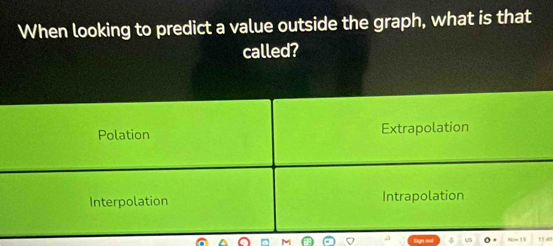 When looking to predict a value outside the graph, what is that
called?
Polation Extrapolation
Interpolation Intrapolation
Sign out US Nov15 11 40