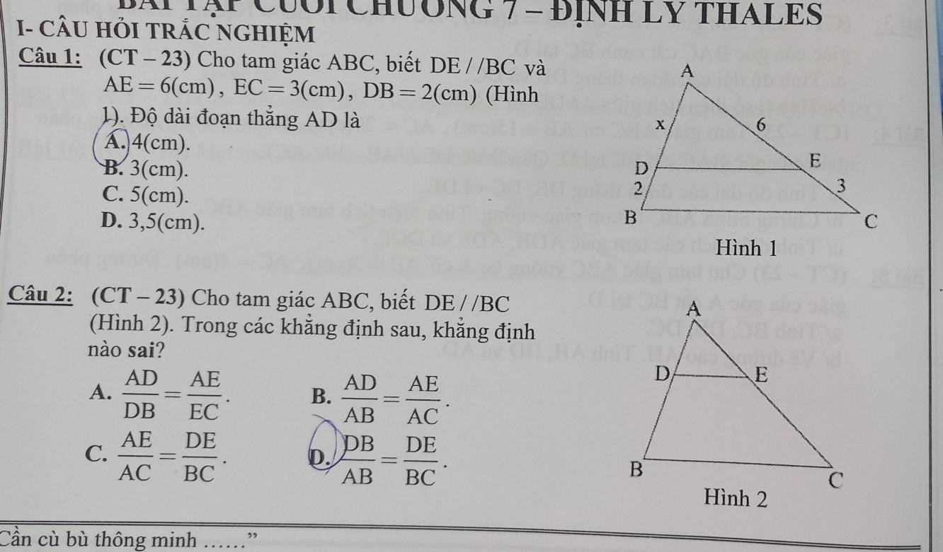 Bái Tập Cưối Chương 7 - Đính LV tháLeS
I- CÂU HỏI TRÁC NGHIỆM
Câu 1: (CT-23) Cho tam giác ABC, biết DE//BC và
AE=6(cm), EC=3(cm), DB=2 (cm) (Hình
1). Độ dài đoạn thắng AD là
A. 4(cm).
B. 3(cm).
C. 5(cm).
D. 3,5(cm). 
Hình 1
Câu 2: (CT - 23) Cho tam giác ABC, biết DE//BC
(Hình 2). Trong các khẳng định sau, khẳng định
nào sai?
A.  AD/DB = AE/EC .  AD/AB = AE/AC . 
B.
D.
C.  AE/AC = DE/BC .  DB/AB = DE/BC . 
Cần cù bù thông minh _”