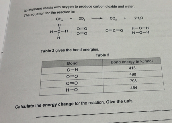 Methane reacts with oxygen to produce carbon dioxide and water.
The equation for the reaction is:
CH_4+2O_2to CO_2+2H_2O
0=0 o=c=0
H-O-H
H-∈tlimits _H^H-H o=0
H-O-H
Table 2 gives the bond energies.
Table 2
_
Calculate the energy change for the reaction. Give the unit.
_