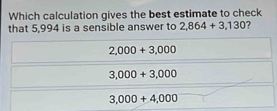 Which calculation gives the best estimate to check
that 5,994 is a sensible answer to 2,864+3,130 2
2,000+3,000
3,000+3,000
3,000+4,000