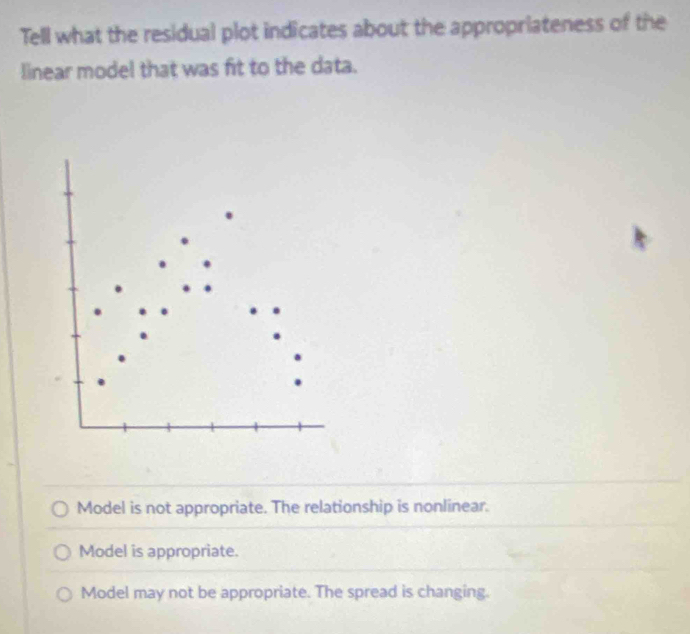 Tell what the residual plot indicates about the appropriateness of the
linear model that was fit to the data.
Model is not appropriate. The relationship is nonlinear.
Model is appropriate.
Model may not be appropriate. The spread is changing.