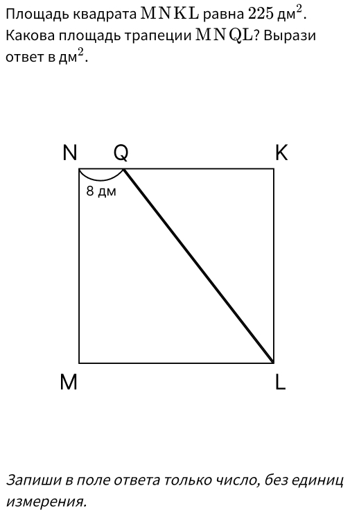 Πлοшадь квадрата МΝΚL равна 225AM^2. 
Κакова πлощадь трапеции МΝ QL? Вырази 
Otbet BAM^2. 
Заπиши в πоле ответа Τолько число, без единиц 
измерения.