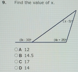 Find the value of x.
A 12
B 14.5
C 17
D 14