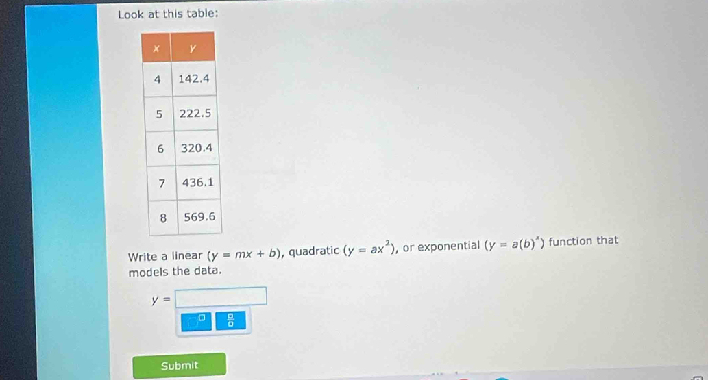 Look at this table: 
Write a linear (y=mx+b) , quadratic (y=ax^2) , or exponential (y=a(b)^x) function that 
models the data.
y=
Submit