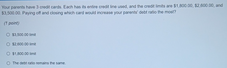 Your parents have 3 credit cards. Each has its entire credit line used, and the credit limits are $1,800.00, $2,600.00, and
$3,500.00. Paying off and closing which card would increase your parents' debt ratio the most?
(1 point)
$3,500.00 limit
$2,600.00 limit
$1,800.00 limit
The debt ratio remains the same.