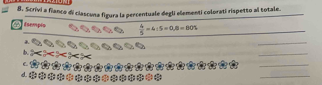 8, Scrivi a fianco di ciascuna figura la percentuale degli elementi colorati rispetto al totale. 
Esempio
 4/5 =4:5=0,8=80%
_ 
a. 
_ 
b. 
_ 
C. 
_ 
d. 
_