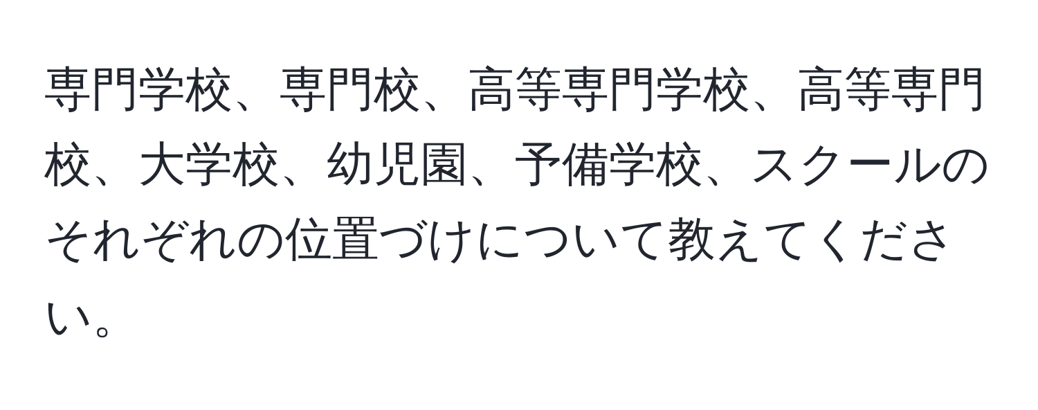 専門学校、専門校、高等専門学校、高等専門校、大学校、幼児園、予備学校、スクールのそれぞれの位置づけについて教えてください。