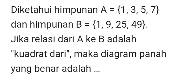 Diketahui himpunan A= 1,3,5,7
dan himpunan B= 1,9,25,49. 
Jika relasi dari A ke B adalah 
"kuadrat dari", maka diagram panah 
yang benar adalah ...