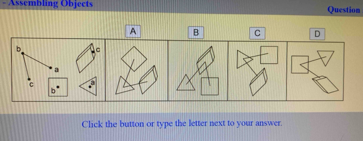 Assembling Objects Question 
A 
B 
C D 
b 
C 
a 
C 
a 
b 
Click the button or type the letter next to your answer.