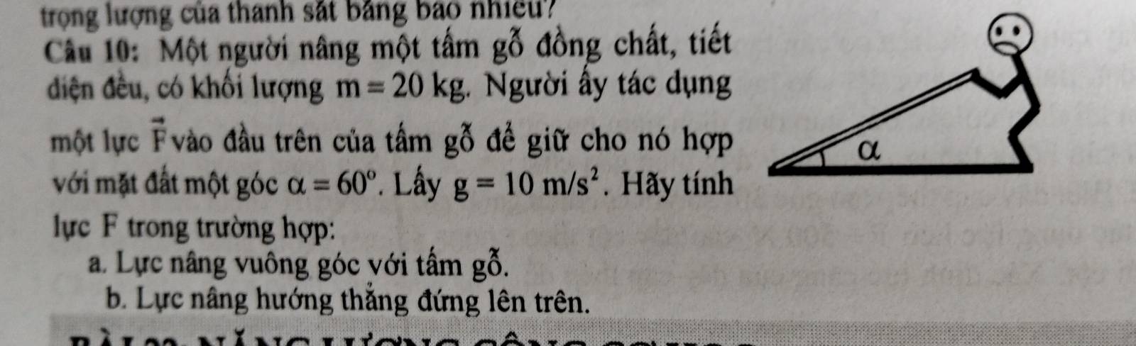 trong lượng của thanh sắt bảng bao nhiều? 
Câu 10: Một người nâng một tấm gỗ đồng chất, tiết 
điện đều, có khối lượng m=20kg Người ấy tác dụng 
một lực vector F vào đầu trên của tấm gỗ ở để giữ cho nó hợp 
với mặt đất một góc alpha =60° Lấy g=10m/s^2. Hãy tính 
ự c F trong trường hợp: 
a. Lực nâng vuông góc với tấm gỗ. 
b. Lực nâng hướng thắng đứng lên trên.