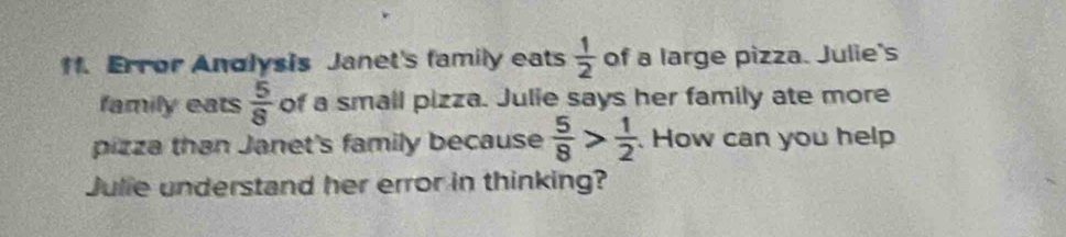 Error Andlysis Janet's family eats  1/2  of a large pizza. Julie's 
family eats  5/8  of a small pizza. Julie says her family ate more 
pizza than Janet's family because  5/8 > 1/2 . How can you help 
Julie understand her error in thinking?