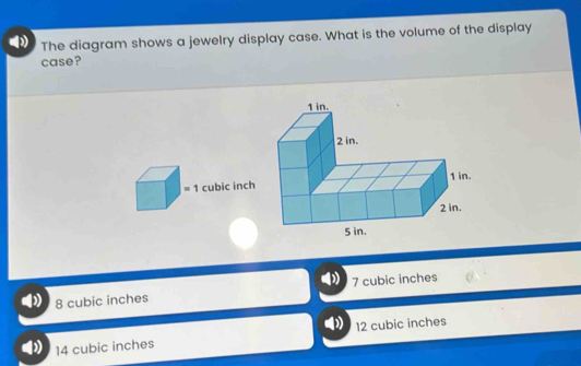 The diagram shows a jewelry display case. What is the volume of the ...