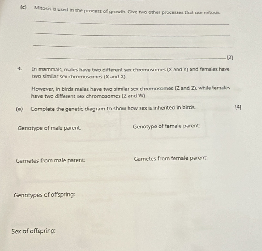 Mitosis is used in the process of growth. Give two other processes that use mitosis. 
_ 
_ 
_ 
_[2] 
4. In mammals, males have two different sex chromosomes (X and Y) and females have 
two similar sex chromosomes (X and X). 
However, in birds males have two similar sex chromosomes (Z and Z), while females 
have two different sex chromosomes (Z and W). 
(a) Complete the genetic diagram to show how sex is inherited in birds. [4] 
Genotype of male parent: Genotype of female parent: 
Gametes from male parent: Gametes from female parent: 
Genotypes of offspring: 
Sex of offspring: