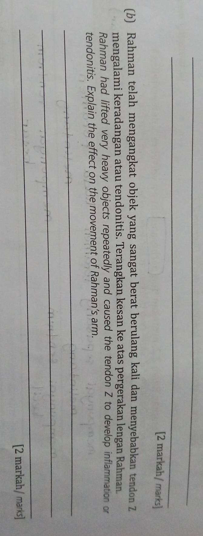 [2 markah/ marks] 
(b) Rahman telah mengangkat objek yang sangat berat berulang kali dan menyebabkan tendon Z
mengalami keradangan atau tendonitis. Terangkan kesan ke atas pergerakan lengan Rahman. 
Rahman had lifted very heavy objects repeatedly and caused the tendon Z to develop inflammation or 
tendonitis. Explain the effect on the movement of Rahman’s arm. 
_ 
_ 
_ 
[2 markah/ marks]