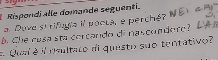 Rispondi alle domande seguenti. 
a. Dove si rifugia il poeta, e perché? 
b. Che cosa sta cercando di nascondere? 
c. Qual è il risultato di questo suo tentativo?