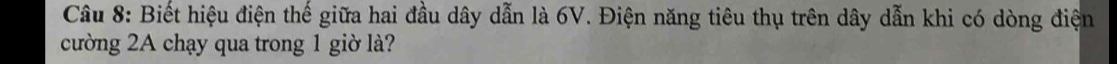 Biết hiệu điện thế giữa hai đầu dây dẫn là 6V. Điện năng tiêu thụ trên dây dẫn khi có dòng điện 
cường 2A chạy qua trong 1 giờ là?