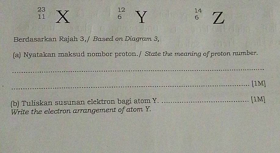 23 X
12
14 Z
11
6 Y
6 
Berdasarkan Rajah 3,/ Based on Diagram 3, 
(a) Nyatakan maksud nombor proton./ State the meaning of proton number. 
_ 
_[1M] 
(b) Tuliskan susunan elektron bagi atom Y._ [1M] 
Write the electron arrangement of atom Y.