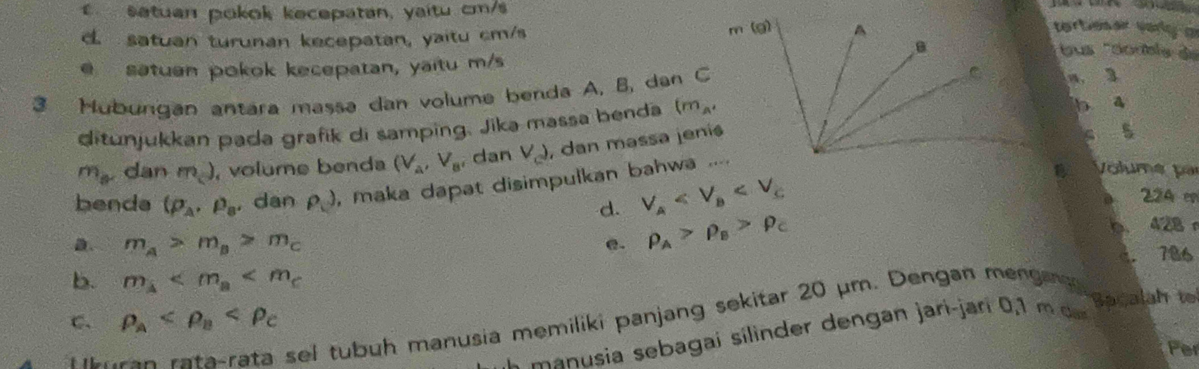 setuan pokok kecepatan, yaitu cm/s. satuan turunan kecepatan, yaitu cm/s
terbeser varly a
*us 'conble de
e satuan pokok kecepatan, yaïtu m/s
3 Hubungan antara massa dan volume benda A, B, dan Ca. 3
ditunjukkan pada grafik di samping. Jika massa benda (m_A'
b a
m_s dan m) , volume benda (V_a, V_a , dan V_c) , dan massa jenís
c 5
a Voluma par
bends (rho _A,rho _B , dan P) , maka dapat disimpulkan bahwa ....
d. V_A
a 224 en
D. m_A>m_B>m_C e. rho _A>rho _B>rho _C
b 428 r
C. 786
b. m_A
Bacalah to
C. b u ran rata-rata sel tubuh manusia memiliki panjang sekitar 20 μm. Dengan menga
rho _A
e i s bagai silin ngan jari ja i 
Per