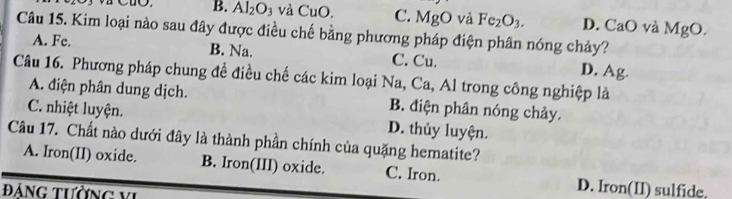 B. Al_2O 3 Và CuO. C. MgO vả Fe_2O_3. D. CaO và MgO. 
Câu 15. Kim loại nào sau đây được điều chế bằng phương pháp điện phân nóng chảy?
A. Fe. B. Na. C. Cu. D. Ag.
Câu 16. Phương pháp chung để điều chế các kim loại Na, Ca, Al trong công nghiệp là
A. điện phân dung dịch. B. điện phân nóng chảy.
C. nhiệt luyện. D. thủy luyện.
Câu 17. Chất nào dưới đây là thành phần chính của quặng hematite?
A. Iron(II) oxide. B. Iron(III) oxide. C. Iron. D. Iron(II) sulfide.
Đảng tường vi