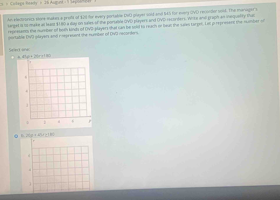 > College Ready > 26 August - 1 Septembe 
An electronics store makes a profit of $20 for every portable DVD player sold and $45 for every DVD recorder sold. The manager's
target is to make at least $180 a day on sales of the portable DVD players and DVD recorders. Write and graph an inequality that
represents the number of both kinds of DVD players that can be sold to reach or beat the sales target. Let p represent the number of
portable DVD players and rrepresent the number of DVD recorders.
Select one:
a. 45p+20r≥ 180
b. 20p+45r≥ 180
r
6
4
2
