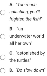 A. "Too much
splashing, you'll
frighten the fish!"
B. "an
underwater world
all her own"
C. "astonished by
the turtles"
D. "Do slow down"