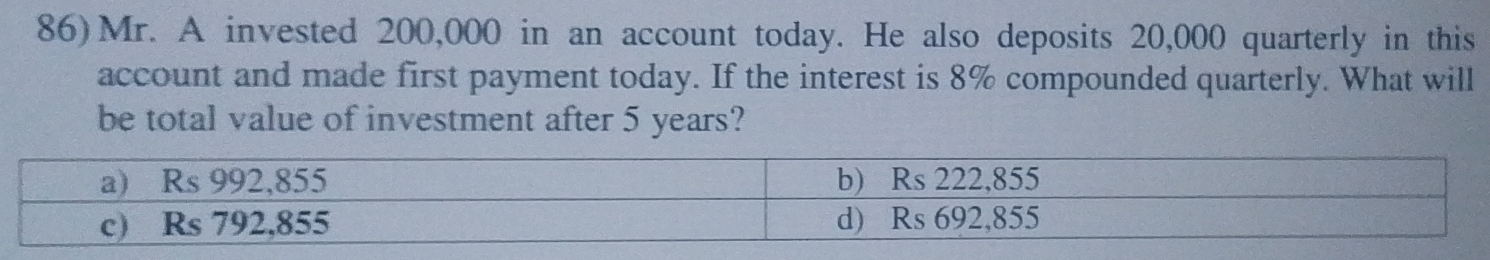 86)Mr. A invested 200,000 in an account today. He also deposits 20,000 quarterly in this 
account and made first payment today. If the interest is 8% compounded quarterly. What will 
be total value of investment after 5 years?