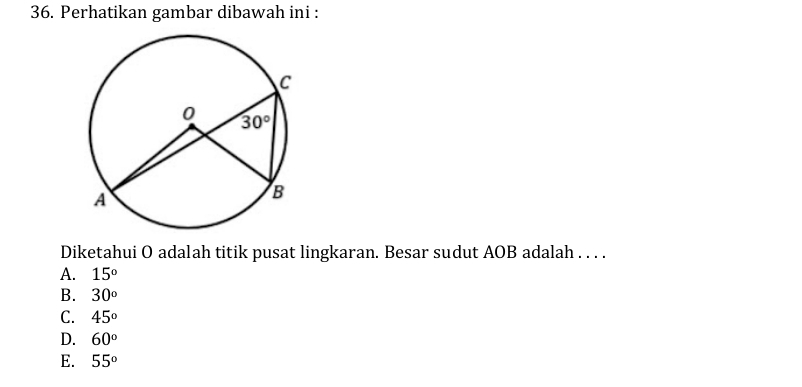 Perhatikan gambar dibawah ini :
Diketahui O adalah titik pusat lingkaran. Besar sudut AOB adalah . . . .
A. 15°
B. 30°
C. 45°
D. 60°
E. 55°