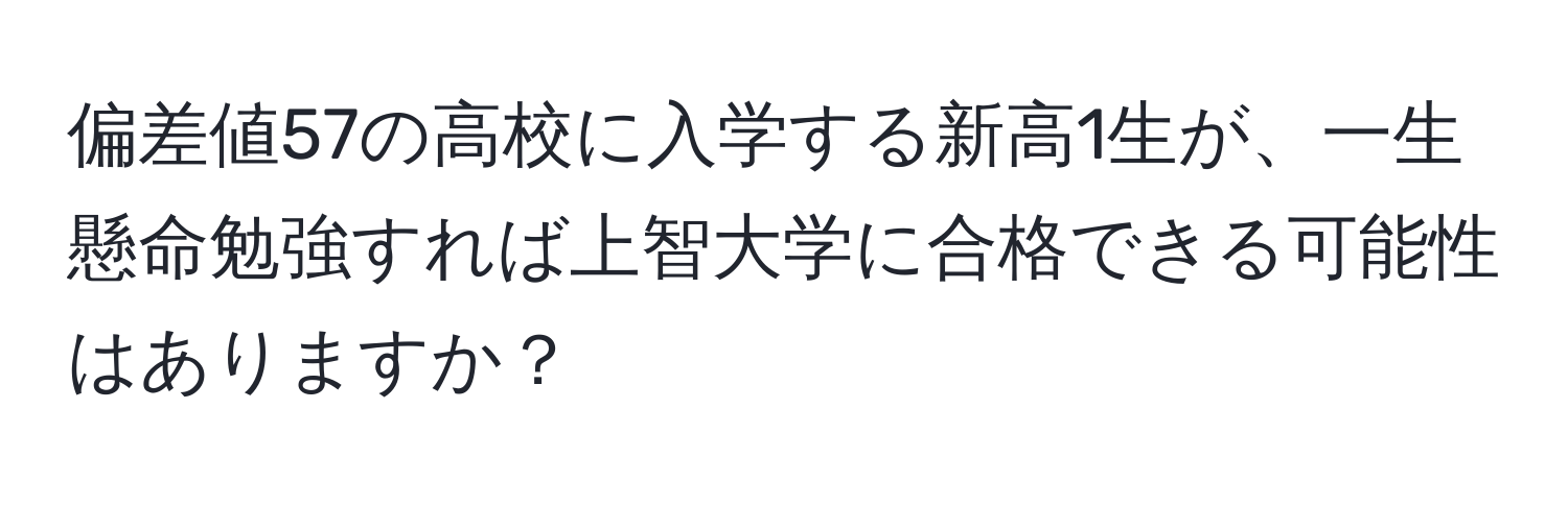偏差値57の高校に入学する新高1生が、一生懸命勉強すれば上智大学に合格できる可能性はありますか？