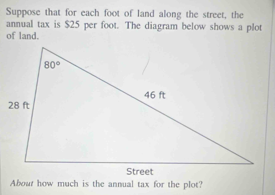 Suppose that for each foot of land along the street, the
annual tax is $25 per foot. The diagram below shows a plot
of land.
About how much is the annual tax for the plot?