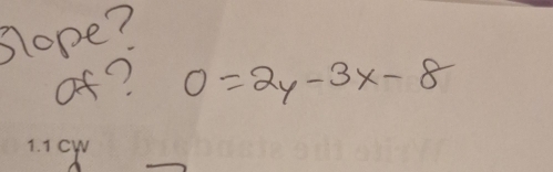 Slope? 
of? 0=2y-3x-8
CW