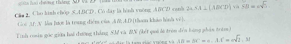 giữa hai đường thăng SD và EF (làm tiời 
Câu 2. Cho hình chóp S. ABCD, Có đáy là hình vuông ABCD cạnh 2à,.SA⊥ (ABCD) và SB=asqrt(5). 
Goi M : N lần lượt là trung điểm của AB; AD (tham khảo hình vẽ). 
Tính cosin góc giữa hai đường thẳng SM và BN (kết quả là tròn đến hàng phần trăm)
D'C' só đáy là tam giác vuộng và AB=BC=a, AA'=asqrt(2).M