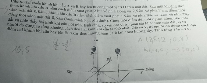 giảu S. Hai chiếc khinh khí cầu A và B bay lên từ cùng một vị trí O trên mặt đất. Sau một khoảng thời 
gian, khinh khí cầu A nằm cách điểm xuất phát 2km về phía Đông và 2,5km về phía Nam, đồng thời 
cách mặt đất 0,8km; khinh khí cầu B nằm cách điểm xuất phát 1.5km về phía Bắc và 3km về phía Tây. 
đồng thời cách mặt đất 0,6 km (hình minh họa bên dưới). Cùng thời điểm đó, một người đứng trên mặt 
đất và nhìn thấy hai kinh khí cầu nói trên. Biết rằng, so với các vị trí quan sát khác trên mặt đất, vị trí 
người đó đứng có tổng khoáng cách đến hai kinh khí cầu là nhỏ nhất. Giả sử vị trí người đó đứng cách địa 
điểm hai khinh khí cầu bay lên là akm theo hướng nam và 6km theo hướng tây. Tính tổng 1 1a-11 ) .