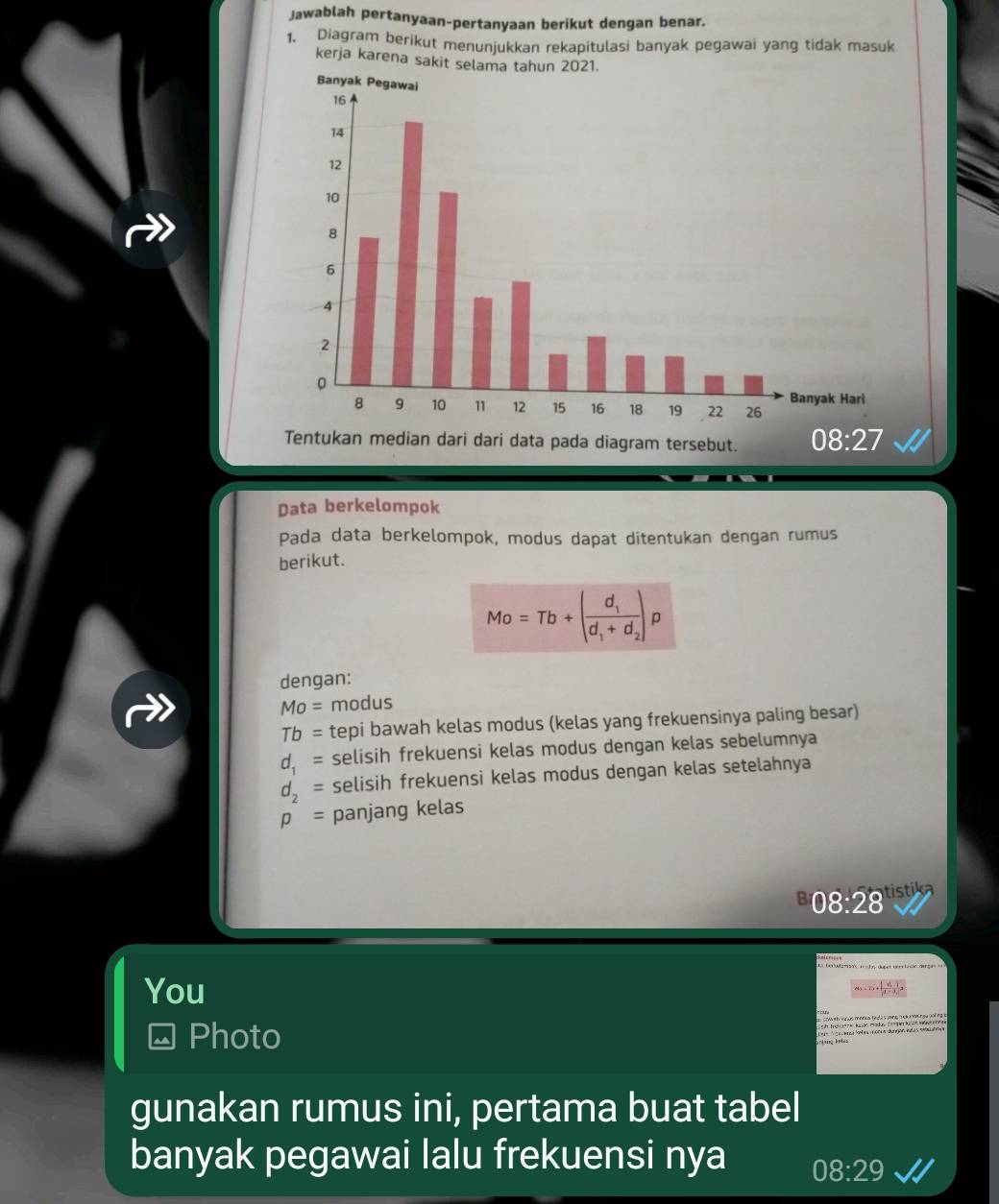 Jawablah pertanyaan-pertanyaan berikut dengan benar.
1. Diagram berikut menunjukkan rekapitulasi banyak pegawai yang tidak masuk
kerja karena sakit selama tahun 2021.
Tentukan median dari dari data pada diagram tersebut. 08:27
Data berkelompok
Pada data berkelompok, modus dapat ditentukan dengan rumus
berikut.
Mo=Tb+(frac d_1d_1+d_2)p J
dengan:
MO= modus
Tb= tepi bawah kelas modus (kelas yang frekuensinya paling besar)
d_1= selisih frekuensi kelas modus dengan kelas sebelumnya
d_2= selisih frekuensi kelas modus dengan kelas setelahnya
p= panjang kelas
08:28 tisti
ater 
You
Photo
gunakan rumus ini, pertama buat tabel
banyak pegawai lalu frekuensi nya 08:29