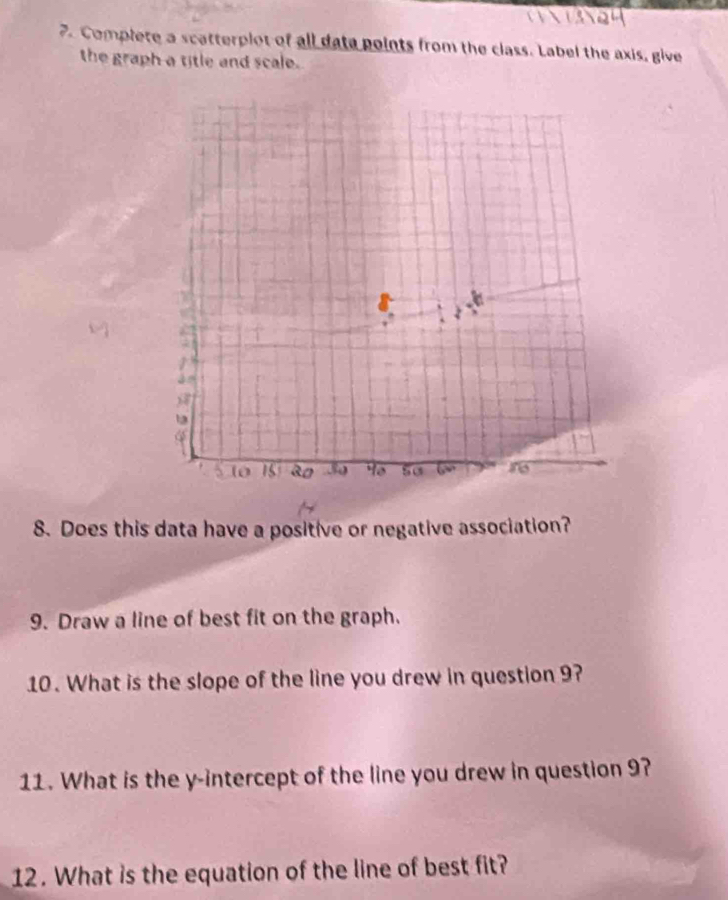 Complete a scatterplot of all data points from the class. Label the axis, give 
the graph a title and scale. 
8. Does this data have a positive or negative association? 
9. Draw a line of best fit on the graph. 
10. What is the slope of the line you drew in question 9? 
11. What is the y-intercept of the line you drew in question 9? 
12. What is the equation of the line of best fit?