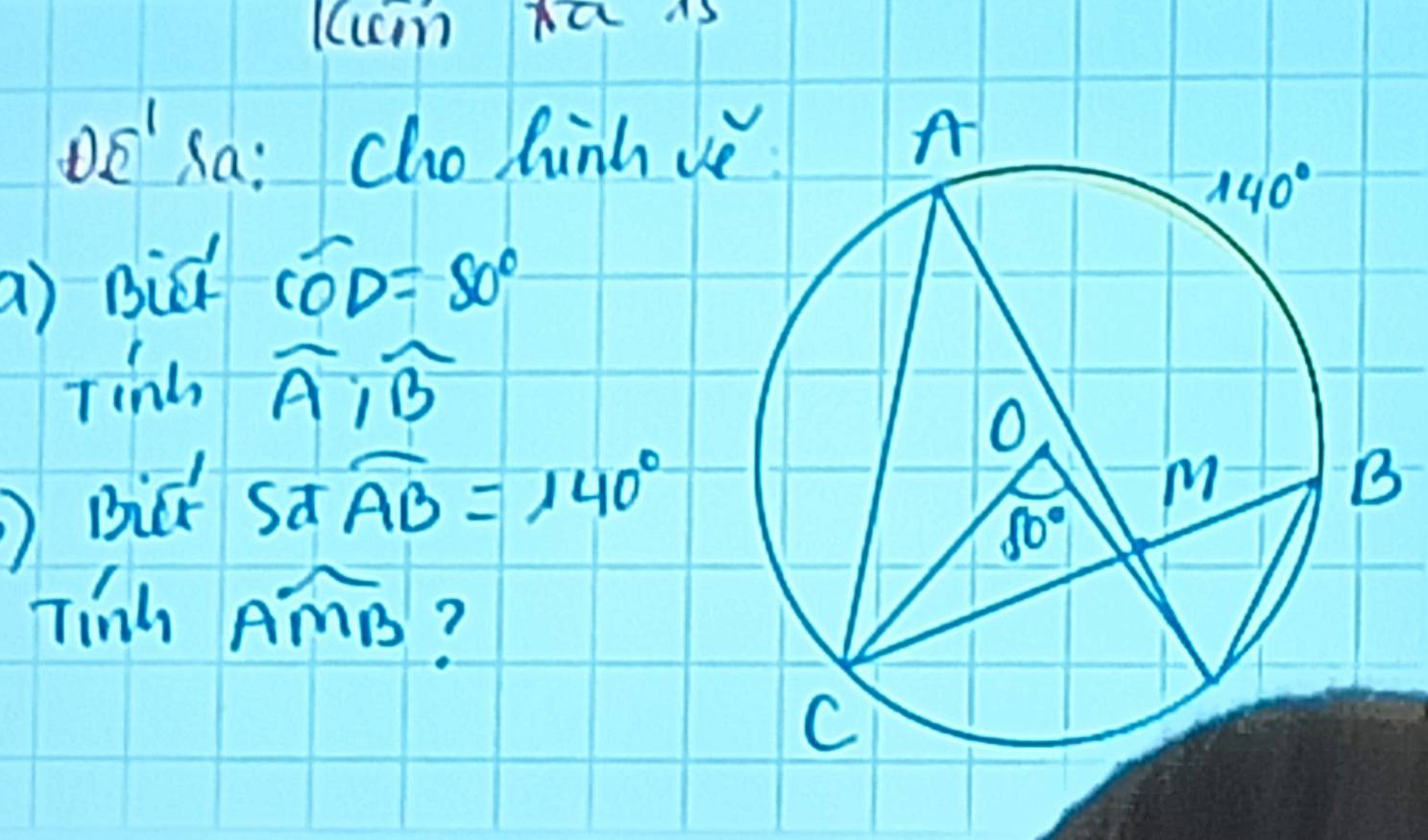 lcucm na is
DE' Sa: cho hinh v
a) Bick overline COD=50°
Tinh widehat A:widehat B
Bick
STwidehat SAB=140°
Tinh overline AMB ?