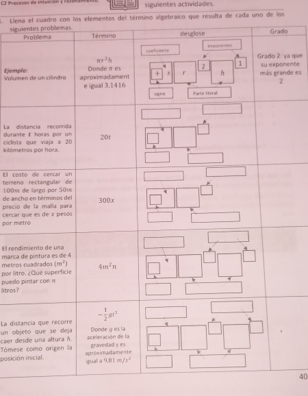 C2 Procesos de intuición y 1318name siguientes actividades.
L. Llenl cuadro con los elementos del término algebraico que resulta de cada uno de los
sigu
a que
Ejempente
Valumde es
La d
duran
ciclist
kilóme
El co
terren
100m
de anc
precio
cerçar
por m
El rend
marca
metro
por lit
puedo
litros?
La dist
un ob
caer d
Tómes
posició
40