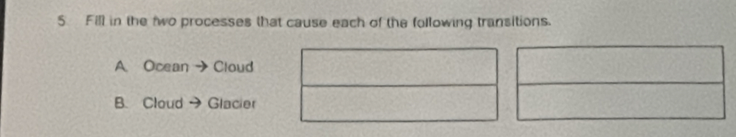 Fill in the two processes that cause each of the following transitions. 
A Ocean Cloud 
B. Cloud Glacier