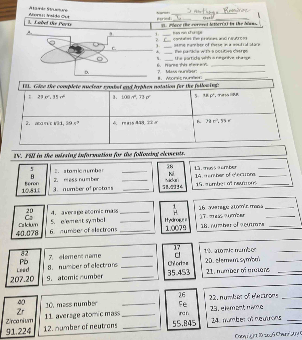 Atomic Structure
Name:_
Atoms: Inside Out
Period: _Date_
1. Label the Parts
11. Place the correct letter(s) in the blank
A. _has no charge
B.
1.
2. _contains the protons and neutrons
3. _same number of these in a neutral atom
C.
4. _the particle with a positive charge
D _the particle with a negative charge
5.
6. Name this element._
_
D.
7. Mass number:_
8. Atomic number:
III. Give the complete nuclear symbol and hyphen notation for the following:
1. 29p^+, 35n^0 3. 108n^0, 73p^+ , mass # 88
5. 38p^+
2. atomic # 31, 39n^0 4. mass #4 8.2 2 e
6. 78n^0, 55e^-
IV. Fill in the missing information for the following elements.
28
5 1. atomic number _13. mass number_
B
Ni
Boron 2. mass number _Nickel 14. number of electrons_
10. 811 3. number of protons _ 58.6934 15. number of neutrons_
1
20 4. average atomic mass _16. average atomic mass_
H
Ca
Calcium 5. element symbol _17. mass number_
Hydrogen
40.078 6. number of electrons _ 1.0079 18. number of neutrons_
17
82
Cl
Pb 7. element name _19. atomic number_
Lead 8. number of electrons _Chlorine 20. element symbol_
207.20 9. atomic number _ 35.453 21. number of protons_
26
40 10. mass number _Fe 22. number of electrons__
Zr
Zirconium 11. average atomic mass _Iron 23. element name
91.224 12. number of neutrons _ 55.845 24. number of neutrons_
Copyright © 2016 Chemistry (