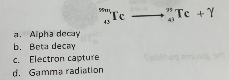 99m
Tc
43
_(43)^(99)Tc+Y
a. Alpha decay
b. Beta decay
c. Electron capture
d. Gamma radiation