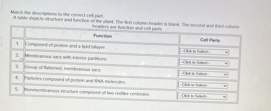 Solved: Match the descriptions to the correct cell part. A table ...