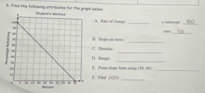 Find the following attributes for the graph below: 
A. Rate of change: 
y-intercept:_ 
_ 
zero: 
_ 
B. Slope-int form: 
_ 
_ 
C. Domain: 
D. Range: 
E. Point-slope form using (30,40) : _ 
F. Find f(25) : _.