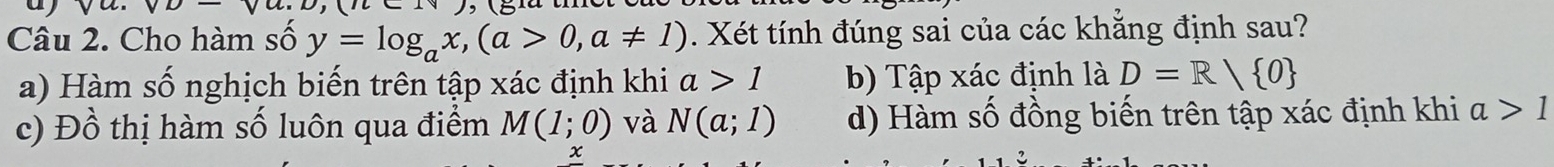 Cho hàm số y=log _ax,(a>0,a!= 1). Xét tính đúng sai của các khẳng định sau?
a) Hàm số nghịch biến trên tập xác định khi a>1 b) Tập xác định là D=R/ 0
c) Đồ thị hàm số luôn qua điểm M(1;0) và N(a;1) d) Hàm số đồng biến trên tập xác định khi a>1
x