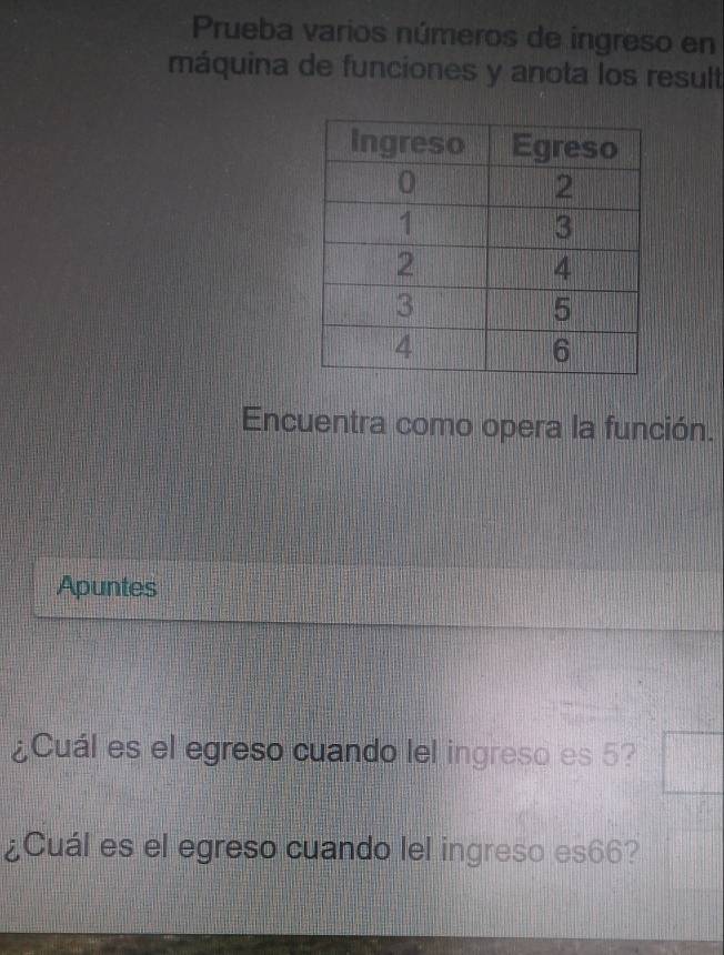 Prueba varios números de ingreso en 
máquina de funciones y anota los result 
Encuentra como opera la función. 
Apuntes 
¿Cuál es el egreso cuando lel ingreso es 5? 
¿Cuál es el egreso cuando lel ingreso es66?