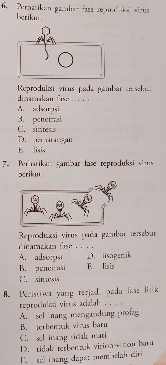 Perhatikan gambar fase reproduksi virus
berikut.
Reproduksi virus pada gambar tersebut
dinamakan fase . . . .
A. adsorpsi
B. penetrasi
C. sintesis
D. pematangan
E. lisis
7. Perhatikan gambar fase reproduksi virus
berikut.
Reproduksi virus pada gambar tersebut
dinamakan fase . . . .
A. adsorpsi D. lisogenik
B. penetrasi E. lisis
C. sintesis
8. Peristiwa yang terjadi pada fase litik
reproduksi virus adalah . . . .
A. sel inang mengandung profag
B. terbentuk virus baru
C. sel inang tidak mati
D. tidak terbentuk virion-virion baru
E. sel inang dapat membelah diri