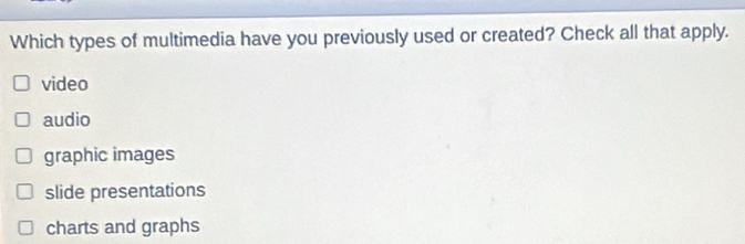 Which types of multimedia have you previously used or created? Check all that apply.
video
audio
graphic images
slide presentations
charts and graphs