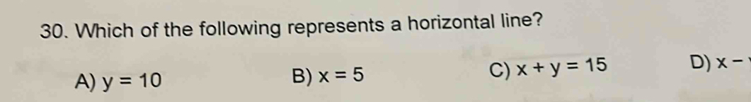 Which of the following represents a horizontal line?
A) y=10 B) x=5 C) x+y=15 D) x-